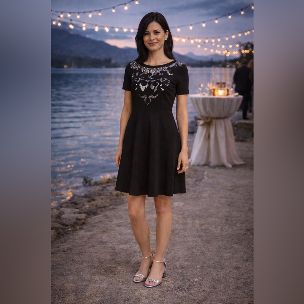 Badgley Mischka Black & Nude Cut Out Lace on Top Sparkling Knit Dress NWT $199